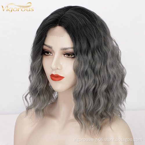 Shoulder Length Cheapest Top Quality Wholesale Glueless Bob Curly Wave Short Ombre Grey Synthetic U Part Lace Front Wig